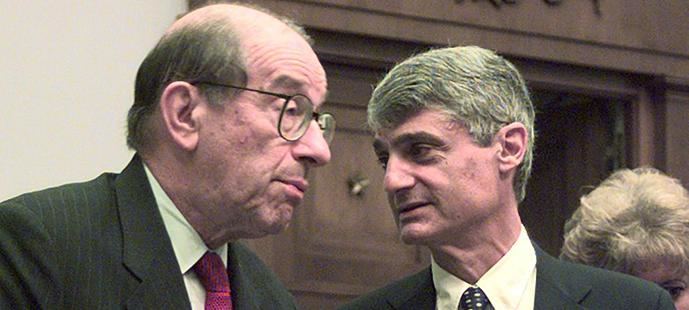 El histórico presidente de la Reserva Federal, Alan Greenspan y el secretario del Tesoro con Clinton, Robert Rubin.