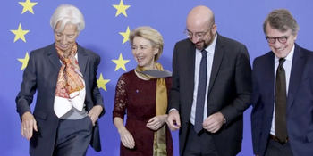 Los líderes de la UE: Christine Lagarde (BCE), Ursula von der Leyen (Comisión Europea), Charles Michel (Consejo Europeo) y David Sassoli (Parlamento)